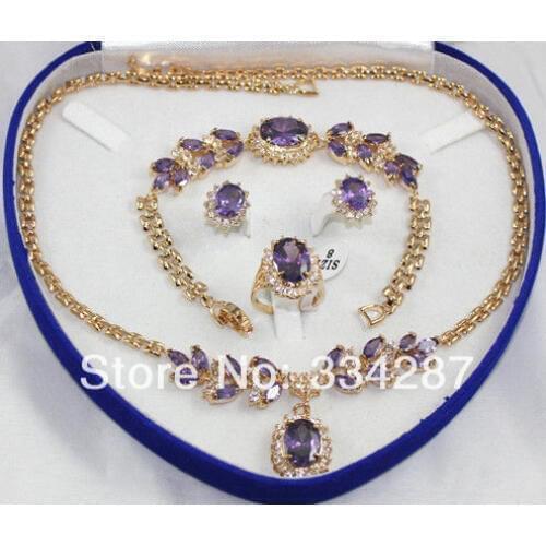 Lovely Sets Purple amethysts pendant necklace bracelet earring Stud Ring jade crystal