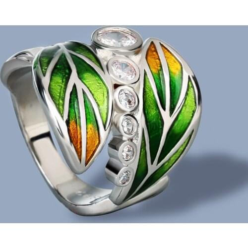 Fashion Leaves 925 Silver Rings for Women Handmade Color Enamel Ring Bling Cubic Zirconia Bohemia Ring Wedding Jewelry Luxury