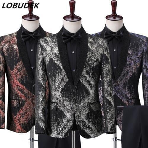 Mens Formal Suit Jackets Fashion Slim Tuxedo Evening Party Business Coat Wedding Groom Host Blazers Nightclub Stage Costume