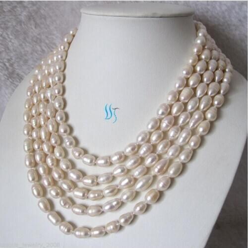 Natural 100" 6-8mm White Rice Freshwater Pearl Necklace Strands Natural Color sweater chain
