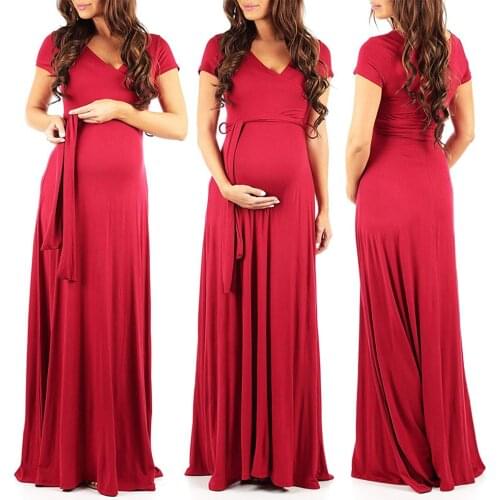 New 2020 Maternity Dress Pregnant Women Solid Short Sleeve V-neck Maxi Long Dress Summer Nursing Breastfeeding Maternity Dress