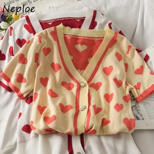 Neploe Pearl Button Single Breasted Knit Cardigan V-neck Slim Short Sleeve Crop Sweater Women Love Heart Print Casual Cardigan