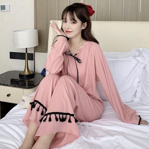 Pink Full Sleeve Pant Loose Home Wear Ladies Cotton 2PCS Pajamas Suit Spring Autumn New Nightwear Tassels Trim Fashion Sleepwear