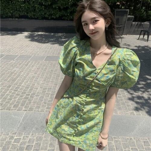Dress for Women Floral Dress Female Green French Palace Style Puff Sleeve Waist Short Skirt Summer New Short Sleeve Skirt