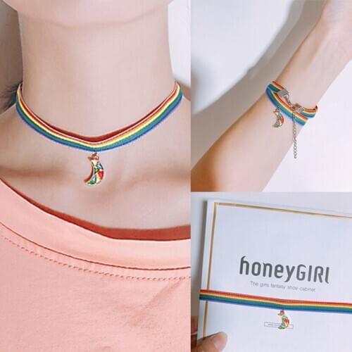 Rainbow Color Bracelet Retro Ribbon Moon Drop Shape Rainbow Pendant Clavicle Chain Dual Purpose Unique Necklace