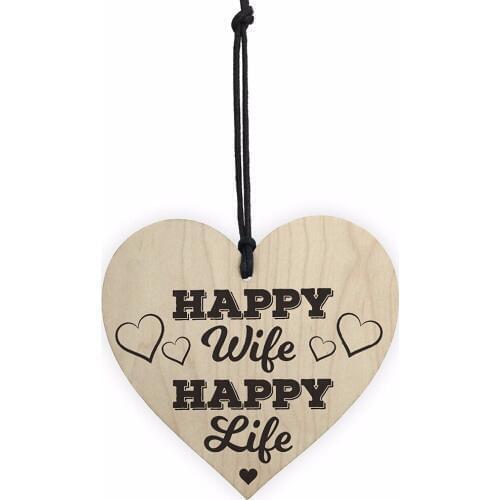 Happy Wife Happy Life Novelty Wooden Hanging Heart Love Plaque Anniversary Sign Christmas Home DIY Tree Decorations