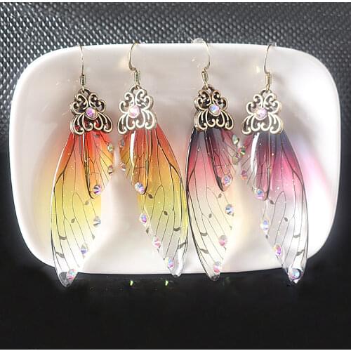 Fantasy Neon Color Rhinestone Cicada Butterfly Wing Earrings Demon slayer Kimetsu no Yaiba Earrings Women Girls Bridal Jewelry