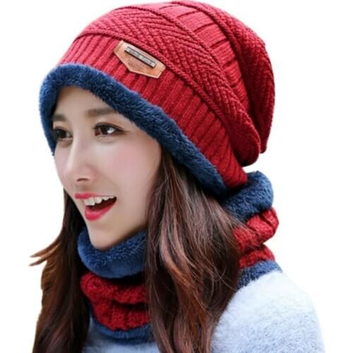 Leisure Warm Knitted Hat + Muffler Snowflake Chapeau Cap Hockey Ski Beanies for Women and Men Autumn Winter