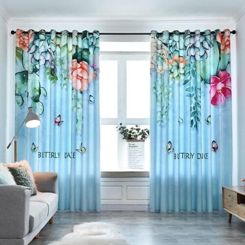 Modern Curtains for Living Room Bedroom Nordic Blue Curtain Leaves Plants Printed Drapes Girls Blinds Window Treatments Decor