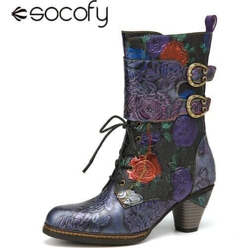 SOCOFY Ladiess Shoes Elegance Vintage Floral Embossed Double Buckle Design Genuine Leather Warm Lining Casual Chunky Heel Boots