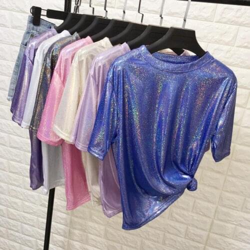 Stylish bright silk woman tops shiny loose short sleeve t-shirt for Women harajuku Sexy Club O Neck Crop Tops femme t-shirts
