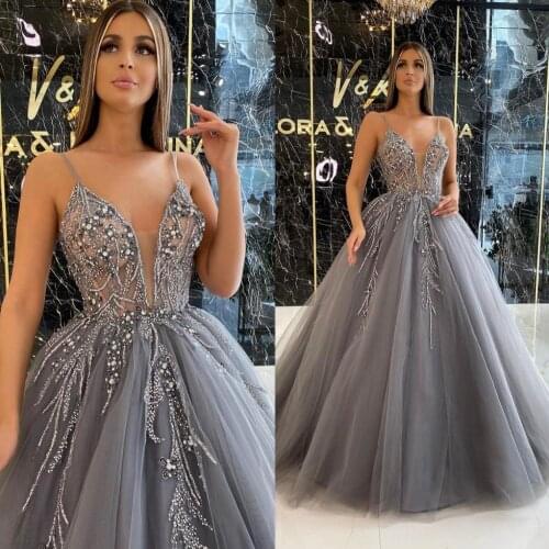 Gray Beaded Sequined Evening Dresses Sheer Plunging Neck A Line Prom Gowns Sweep Train Tulle Plus Size Formal Dress