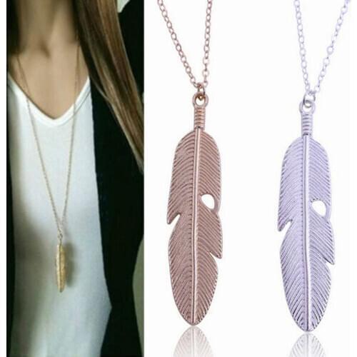Women Feather Pendant Long Chain Gold Necklace Sweater Statement Vintage Jewelry Long necklace