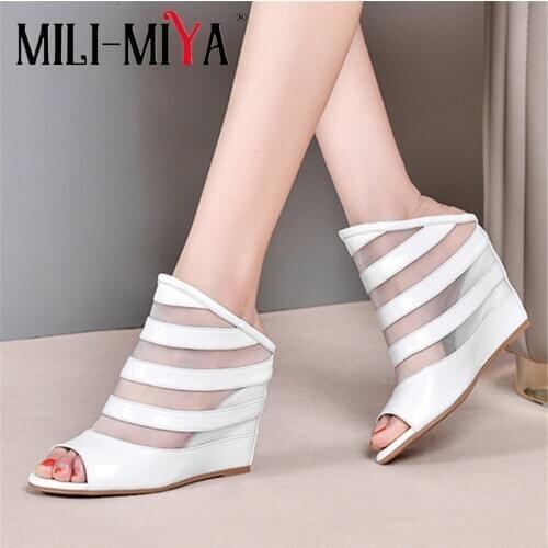 MILI-MIYA Fashion Wedges Women Sandals Cow Leather Breathable Microfiber Round Toe Fish Mouth Slip-On Dress Party Summer Shoes