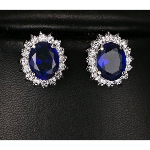 Female Austrian Crystal Oval Stud Earrings For Women 925 Silver Filled Purple White CZ Round Blue Fire Opal Earrings Jewelry