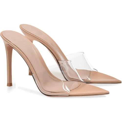 Womens Slippers Fashion Sandals 2021 Summer Pointed Open Toe Pvc Transparent Thin Heels Slippers Beige Shoes Pumps Slides