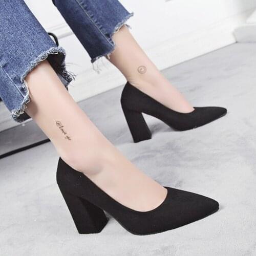 Black High Heels 2021 New Wild Work Shoe Pointed Shallow Mouth Suede Square Heel Single Shoes Fashion Comfort Womens Shoes Pumps