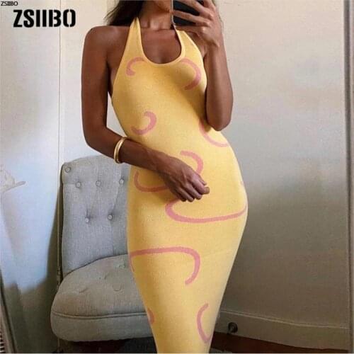 Knitted Bodycon Dress Women Y2K Halter Neck Summer Yellow Sleeveless Backless Party Sexy Dresses Beach vestido de mujer robe