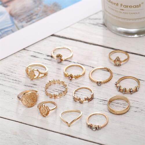 15 Pcs/set Vintage Women Hearts Fatima Hands Cross Crown Fashion Rings Virgin Mary Hollow Geometric Crystal Ring Wedding Jewelry