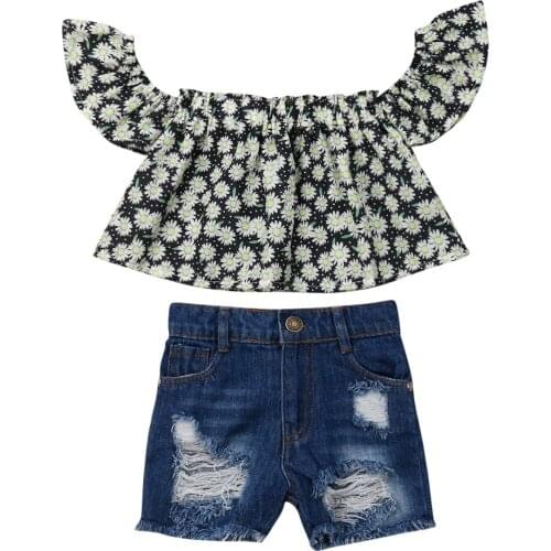 Toddler Girl Clothes Kids Baby Girl Clothes Off Shoulder Small daisy Print Tops Jeans Denim Shorts Pants 2Pcs Outfit