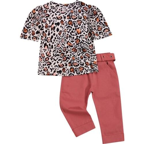 2021 1-6Y Fashion Toddler Girl Clothing Leopard Print O-Neck Short Sleeve Tops Blouse+ Solid Color Pants With Belt Summer 2pcs