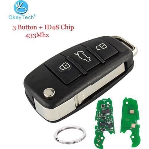 OkeyTech for Audi A3 TT Car Key 3 Button Remote Smart Flip Replacement Key ID48 Chip Ring HAA HU66 Blade