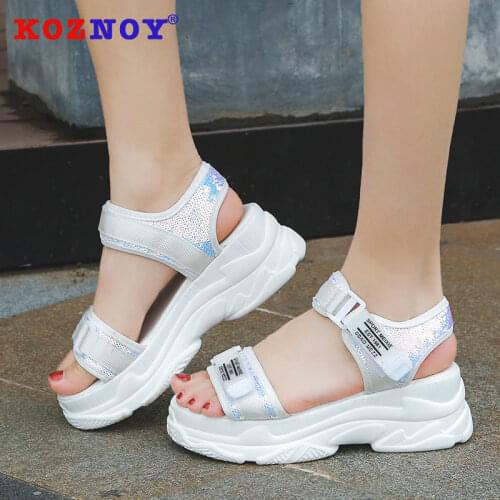 Koznoy Summer Chunky Sandals Women Wedge High Heels Shoes Female Buckle Platform Leather Casual Summer Slippers Woman Sandal