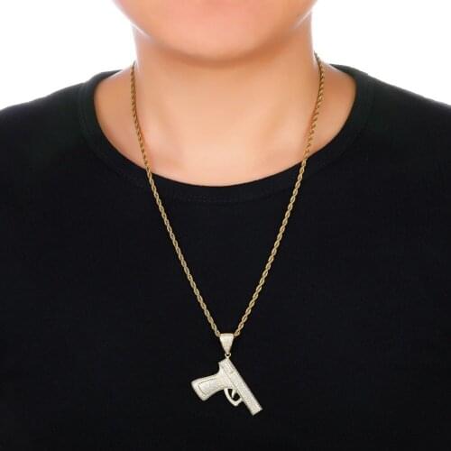 Ice Out Cubic AAA+ Zircon Gun Pendant Necklace with Rope Chain Hip Hop Gold Silver Color Charm Gift Chain Jewelry for Men Women