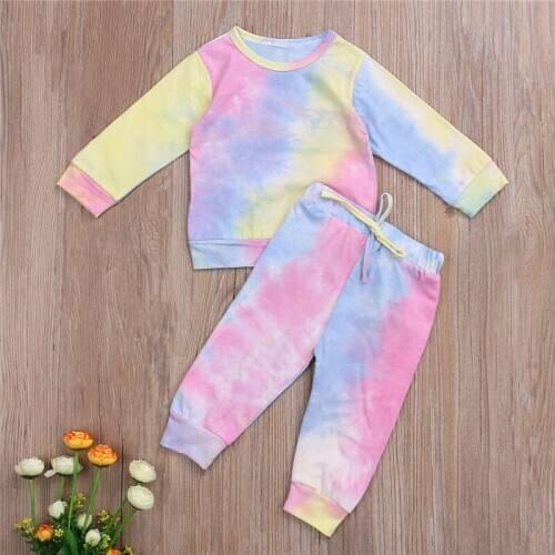 Kids Boy Girl Autumn Clothes Fresh Tie-dye Long-sleeved Suit Gradient Printing Round Neck Pullover Top Elastic Waist Long Pants