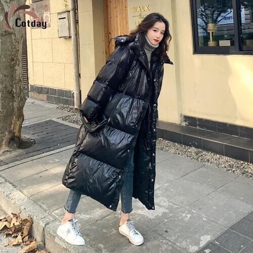 Cotday X-Long Cotton Padded 2020 New Plus Size Down Jacket Winter Warm Women Thick High Street Glossy Black Manteau Femme Hiver