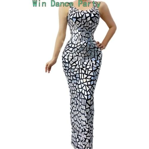 Custom Shinning Bright Full Mirrors Long Dress Sleeveless Evening Birthday Dresses Rhinestone Costume Prom Celebrate Grey Bling