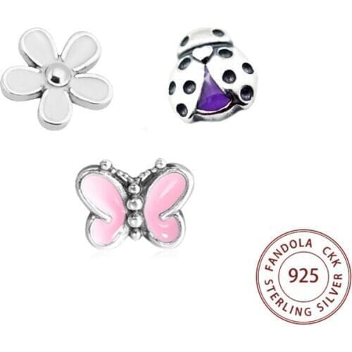 Fandola 925 Sterling Silver Pink Butterfly Ladybird Petite Charms for Original Floating Locket Necklace Pendant Women Jewelry