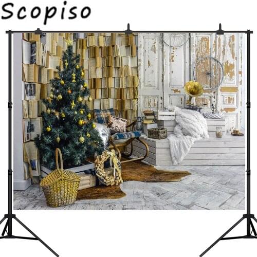 Scopiso Christmas Tree Bookshelf Phonograph Wood Floor Customized Photography Backdrop Background Photo Studio Prop