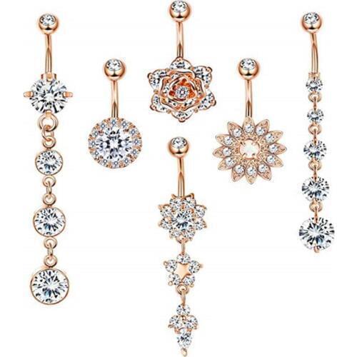 6PCS/Set Surgical Steel Dangle Navel Rings Crystal Navel Bars Rose Gold Tassel Women Belly Button Ring Navel Piercing Jewelry