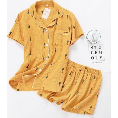 Summer Gauze Casual Pajama Set Women Short-sleeved Pajamas for Teen Girls Short Sleepwear Cartoon Loungewear Sleep Tops 2 Piece