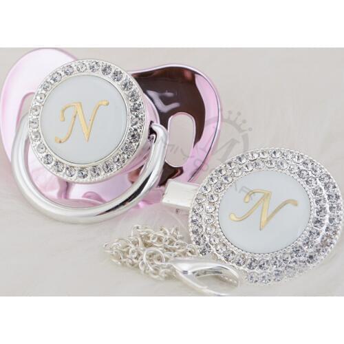 MIYOCAR silver bling name Initial letter N elegant bling pacifier and pacifier clip BPA free dummy bling unique design LN-1