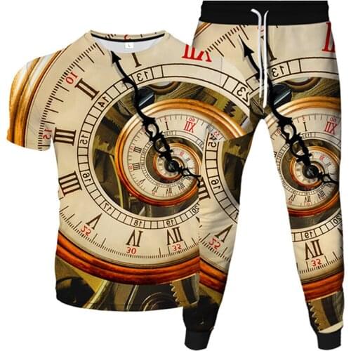 Men Tracksuit Alarm Wall Clock Fire Vortex Print Women Fashion Clothes Suit T-Shirt+Trousers 2Pcs Sets Male Female Sport Outfit