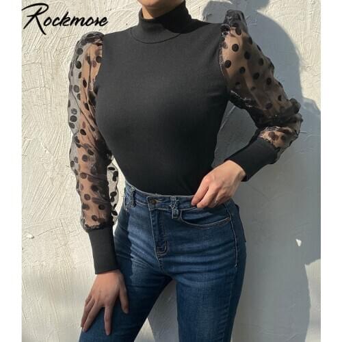 Rockmore Mesh Dots Transparent Patchwork Knitted Crop Top Vintage T-Shirt Casual Harajuku Women Clothes Kpop Fashion Streetwear