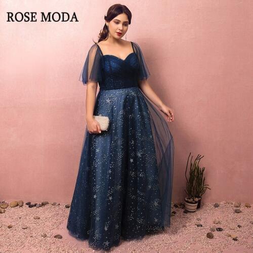 Rose Moda Navy Long Formal Plus Size Evening Dress Floor Length Bling Evening Dresses with Short Sleeves Real Photos