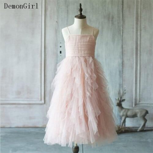 Pink Tulle A-Line Flower Girl Dress Kids Pageant Gowns Tiered Tulle Girls First Communion Dress