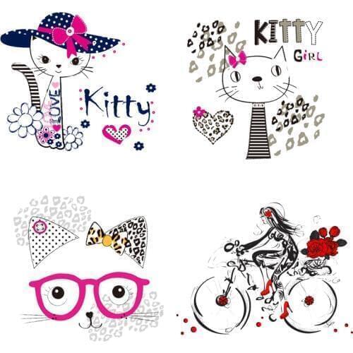 Iron on Patches Cute Small Kitty Girl Cat Children Thermo Transfer for Clothes Decor DIY Kids Tops T-shirt Appliques Stickers E