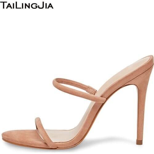 Nude High Heel Mules Womens Strappy Sandals 2020 Ladies Heels Party Shoes Summer Large Size Heeled Sildes Slippers Slide Sandal