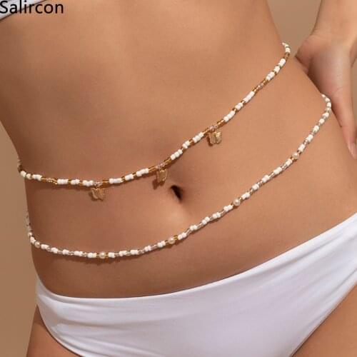 Boho Handwoven Beaded Waist Chain Women Cute Butterfly Pendant Elastic Belly Belt Chain Fashion Body Jewelry Spring Summer Gifts