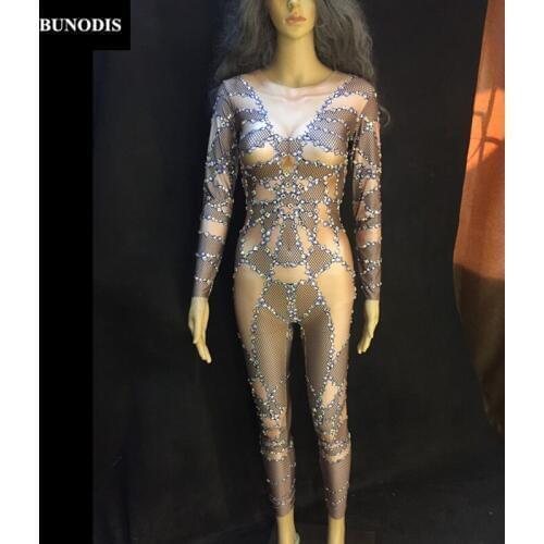 ZD123 Women Sexy Nude Jumpsuit Sparkling Crystals Nightclub Party Bodysuit Stage Wear Singer Dancer Costume Performance Outfit