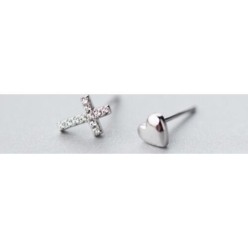 MloveAcc Real 100% 925 Sterling Silver Asymmetry Cross Heart Stud Earrings for Women Girls Fashion Silver Jewelry