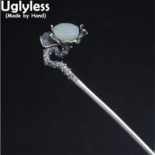 Uglyless Thai Silver Vintage Lotus Hair Sticks for Women Natural Jade Lotus Flower Hair Jewelry 925 Silver Ethnic Hair Accessory