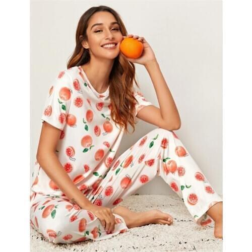 Fresh Fruit Women Pajamas Sets with Pants Suit Short Sleeve O Neck Pyjama Femme Cute Printing 2 Pcs Tops+Pants Pijama Mujer