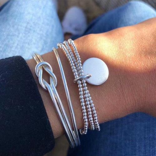 FNIO Bohemia Simple Women Bracelet Silver Color Round Knot Open Bead Chain Bracelet Bangles Multilayer Fashion Jewelry 2020 New