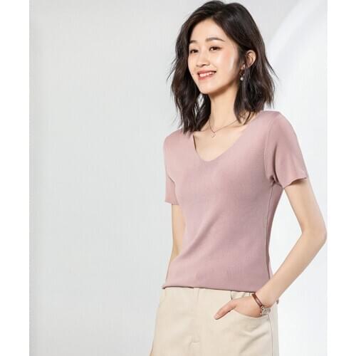 Spring and summer new female V-neck ice silk pullover short-sleeved T-shirt simple solid color fashion knitted bottoming shirt