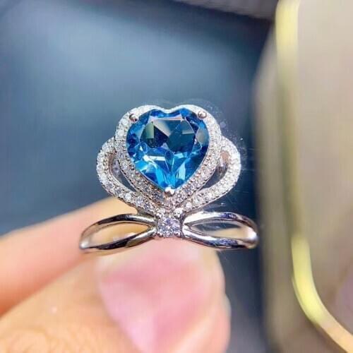 1.5Ct Natural London Blue Topaz Ring For Women PartyGifts S925 Silver Heart Gemstones 18K White gold Hot Sale 8x8mm Fine jewelry